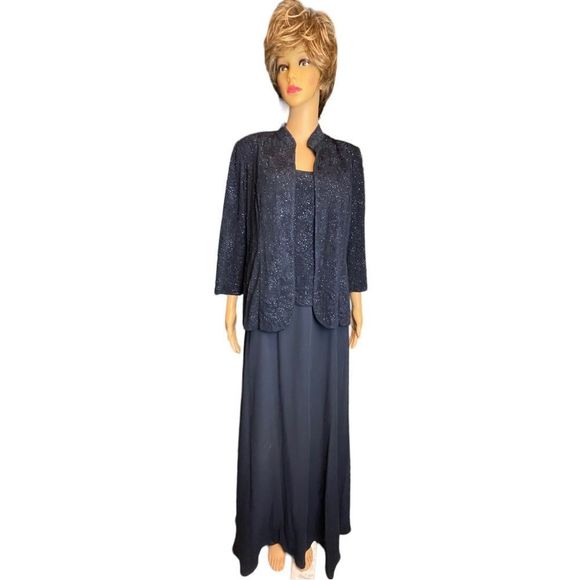 🔥🔥🔥 Alex Evenings 2 Piece Navy Blue Evening Gown Long Mandarin Jacket - Picture 5 of 9